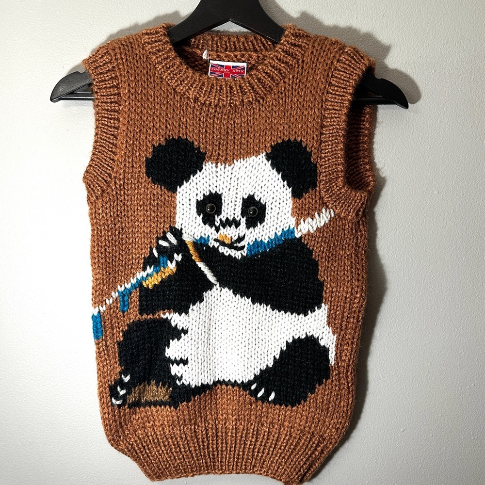 Vintage Cherry Stix Brown Panda Hand Knit Sweater Vest